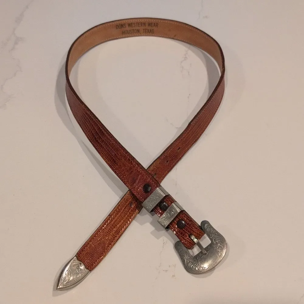 Justin Genuine Lizard Brown Belt With Hand Engraved Silver Buckle & Tip Size 28